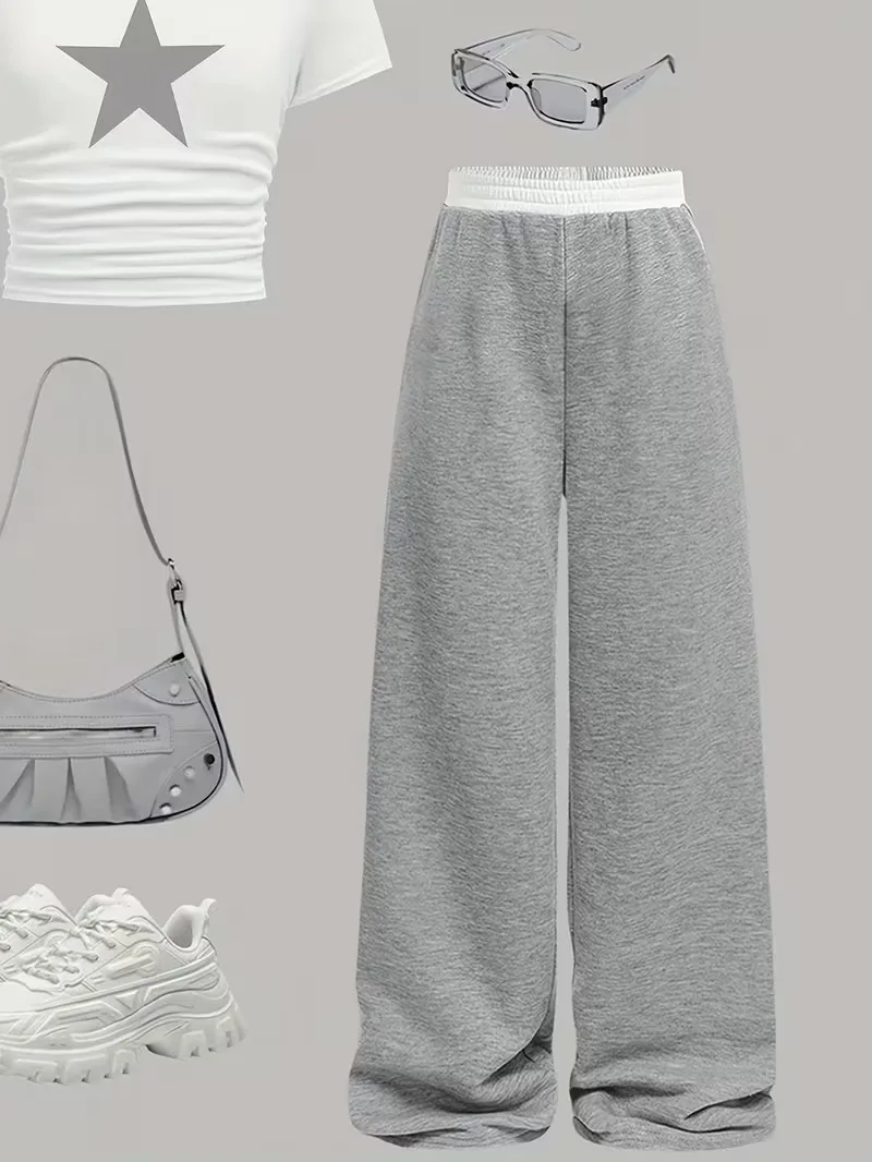 Zweiteiliges Hosen-Set für Mädchen mit Sternenmuster, weißes gerafftes Crop-Top und graue Hose mit weitem Bein, süßes, lässiges Outfit – Detail 4