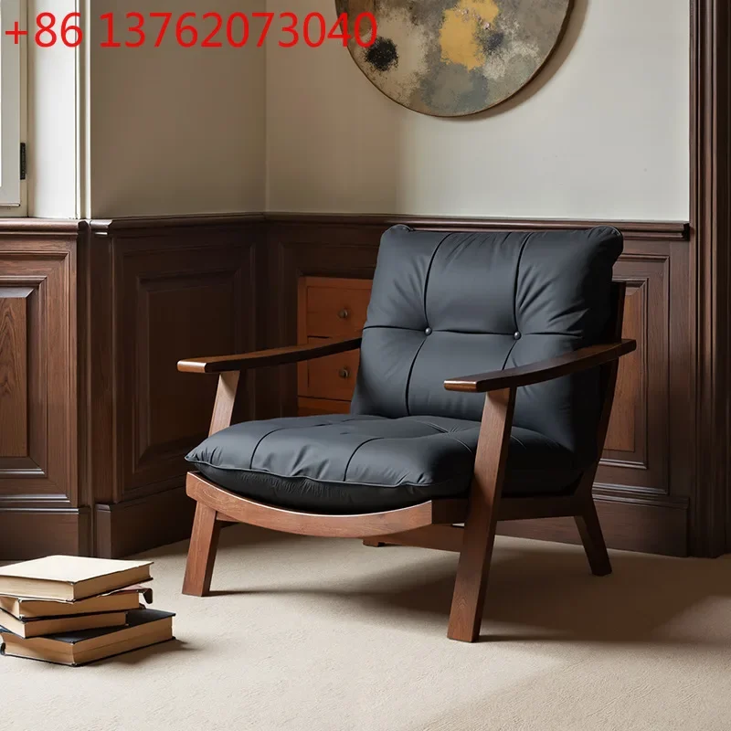 

Кресло-софа из массива дерева 2026 года в стиле ваби-саби, винтажное кресло для отдыха с кожаной обивкой Maillard, одноместное.