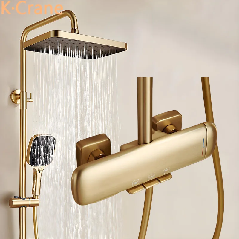 Brush Gold Rain Shower System Bathroom Hot Cold Mixer Thermostatic Shower Faucet Set Wall Mount SPA Rainfall Luxury Bath Shower
