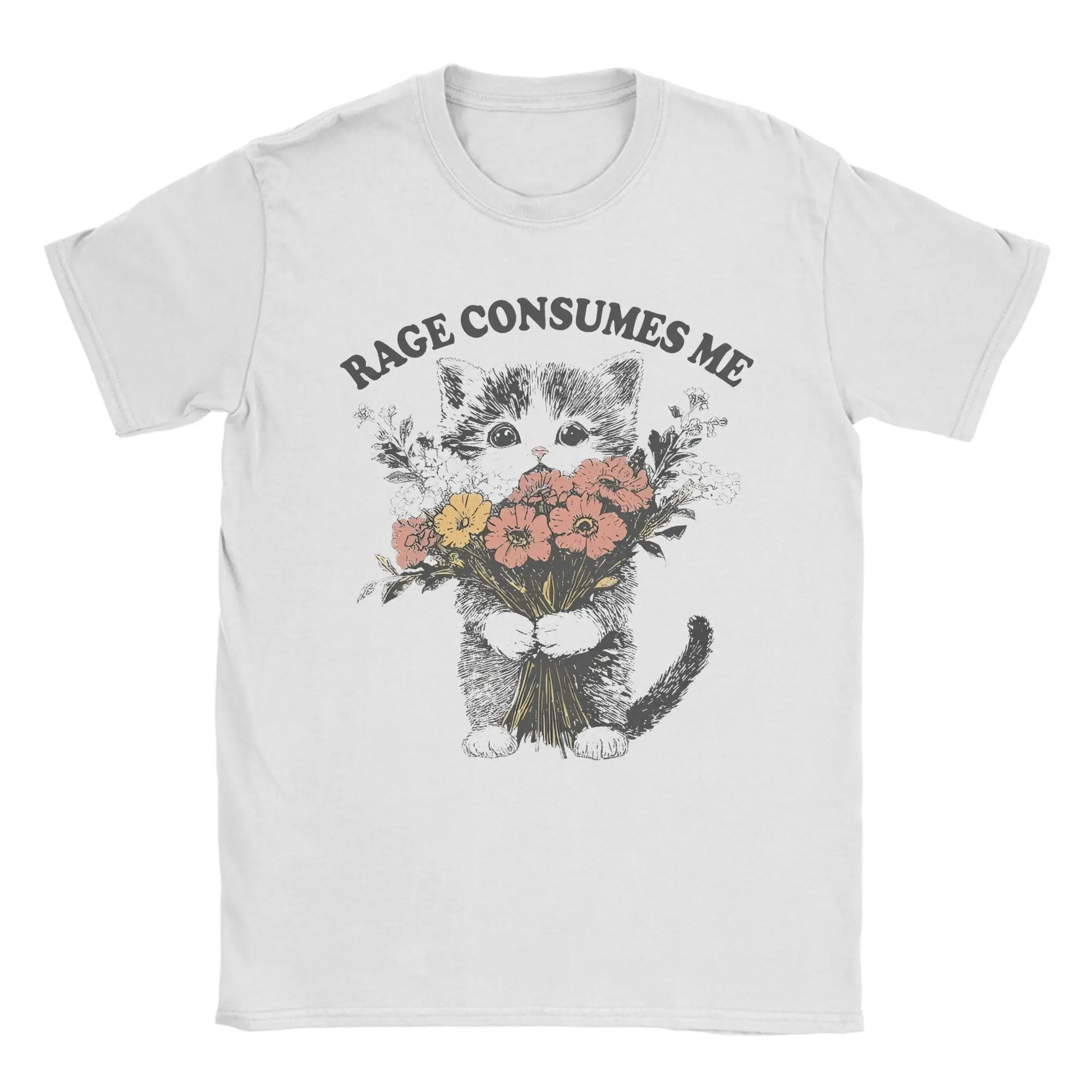 Rage Consumes Me Cat Flower Cute Kitty Cat Meme  T-Shirt Men Vintage Pure Cotton Tees O Neck Short Sleeve T Shirt Summer Tops