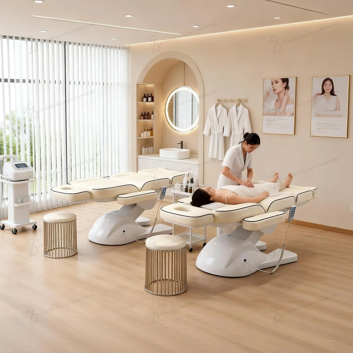 Modern White Gold Electric Therapy Medical Spa Beauty Salon Treatment Massage Table Lash Esthetician Cosmetic Beauty Bed