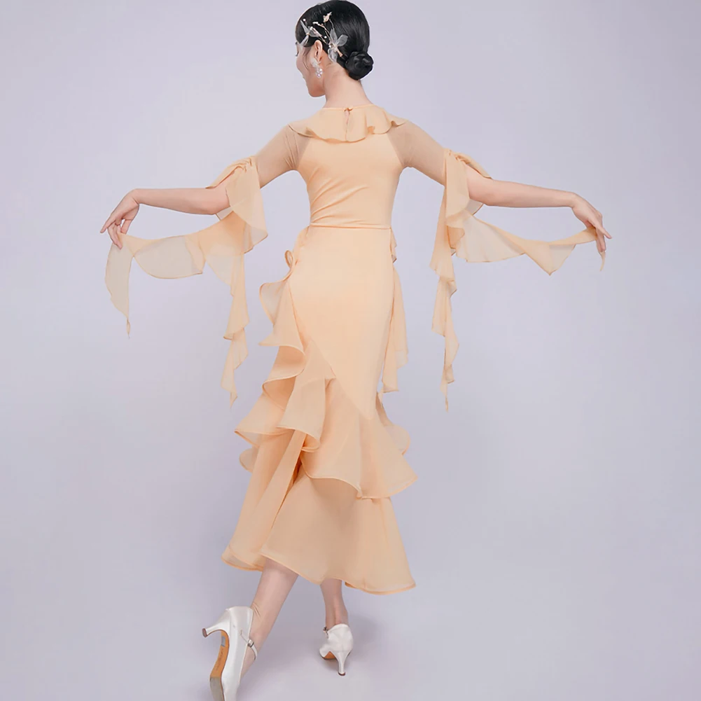 Flamenco Skirts Ruffled Dance Dresses V-collar Long Dress Fragrant Snow Green Middle Sleeve National Standard Dance Black New