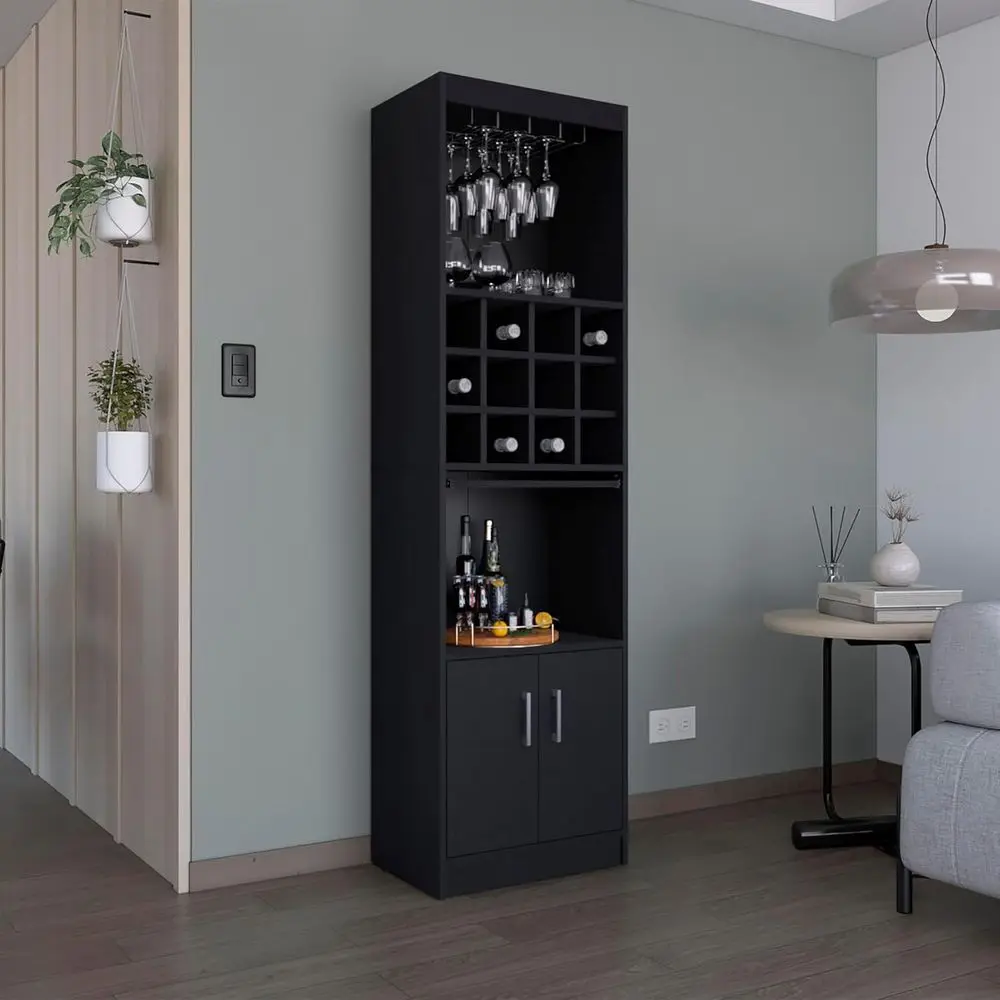 

71 High 5-Tier Black Wood Bar Cabinet with 12-Bottle Storage, Stemware Rack & Pull-Out Tray