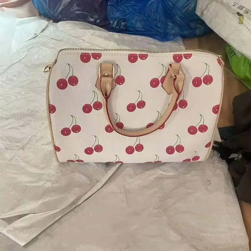 Bloom Large Capacity Cherry Cylindrical Handbag Women Sweet Cute Handle Pillow Bag Purse Female Retro Casual Crossbody Bags