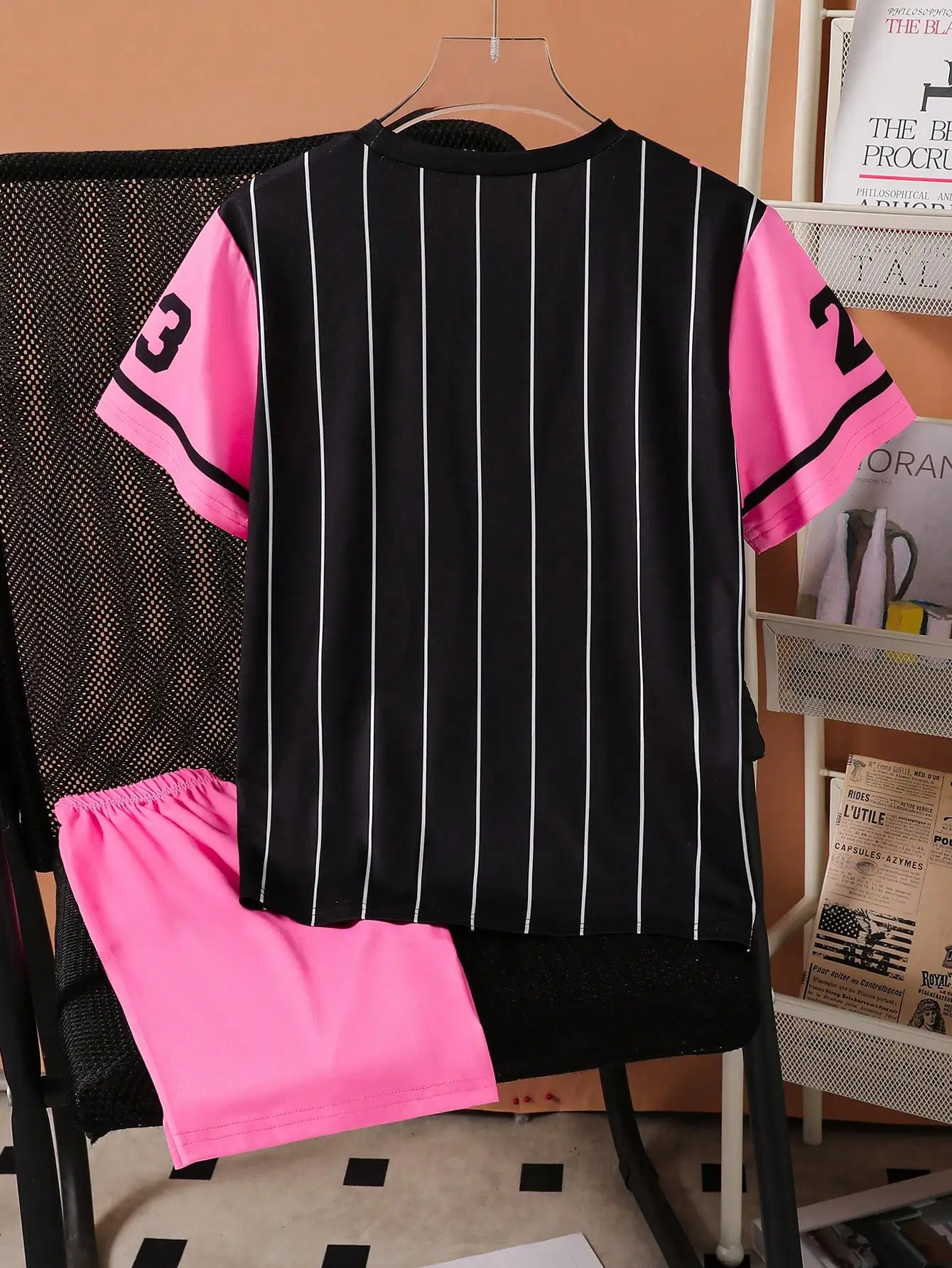 2pcs Tween Girls Outdoor Sports Quick Dry Baseball Style 23# Letter Los Angeles Striped Round Neck Short Sleeve Shorts Set