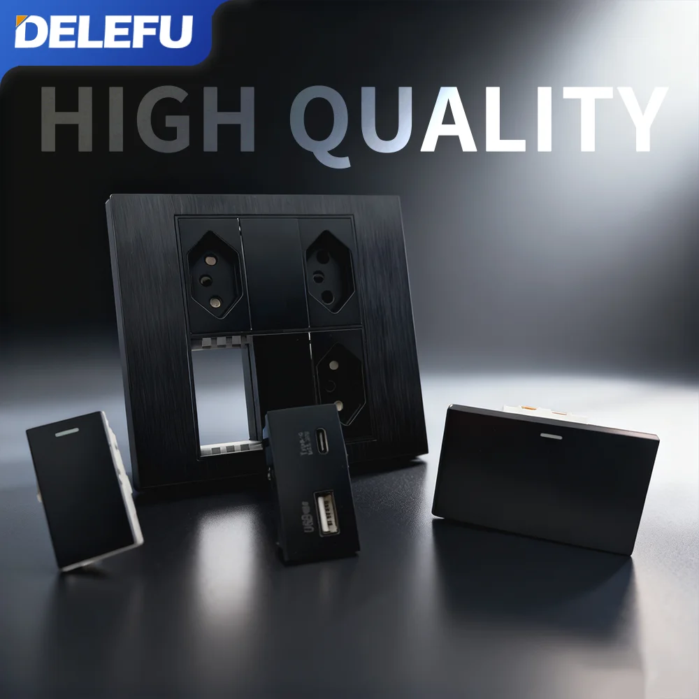 DELEFU 4x4 アルミワイヤーパネル ブラジル規格コンセント ダブルUSB Type-C 壁コンセント ライトスイッチ オフィス ブラック 10A 20A