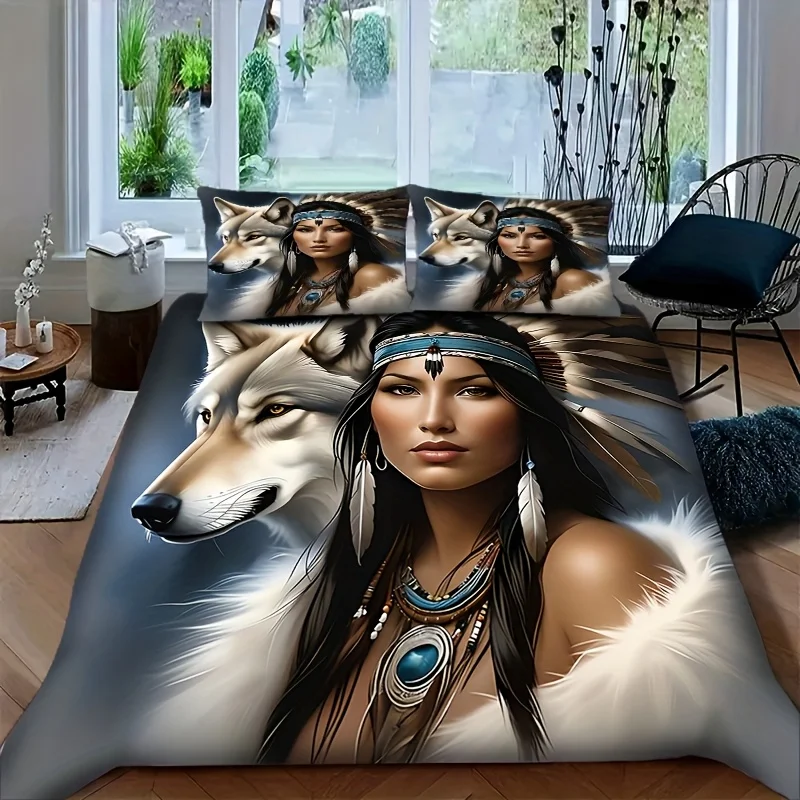 

Wolf Feather Design Showcase the Dynamic Wildness Natural Elements Combined Theme Pattern Bedding Set 3D Print Duvet Cover Set