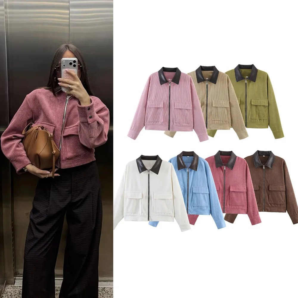 Chaqueta Corta Casual de Pana para Mujer, Abrigo de Moda de Ante para Primavera y Otoño, Chaqueta Exterior con Cremallera Estilo Urbano para Mujer