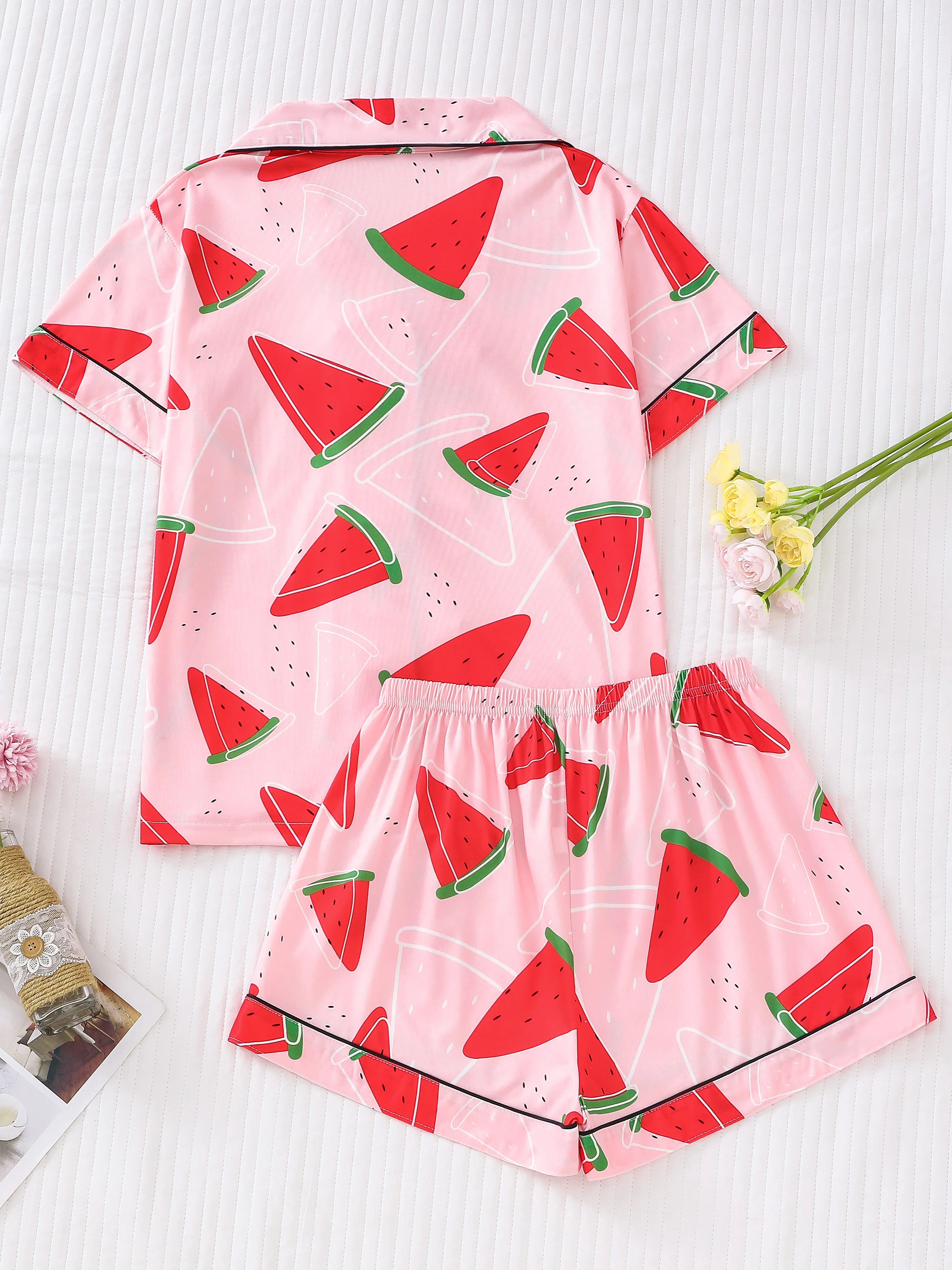 Cute fruit watermelon print pajama set for women lapel short-sleeved top and loose shorts casual pajamas for women