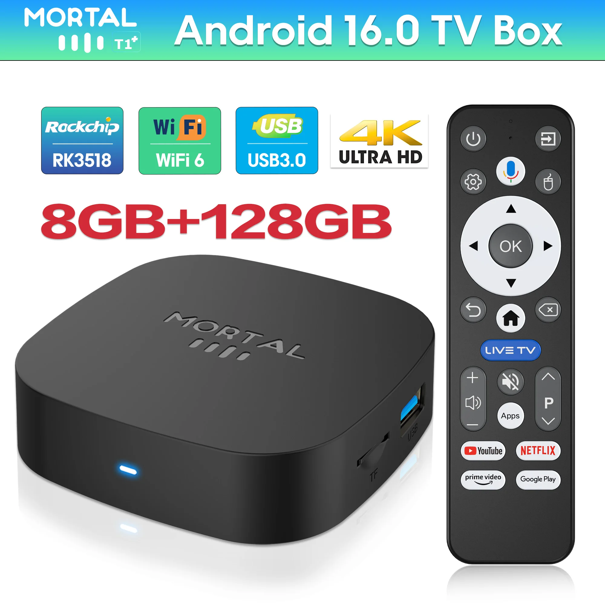 

Smart TV Box Android 16, Google Voice Control, Wi-Fi 2.4G, 4K 1080p, 8 ГБ ОЗУ, 128 ГБ ПЗУ, Bluetooth 5.0 RK3518, высокоскоростной HDMI, глобальный медиаплеер.