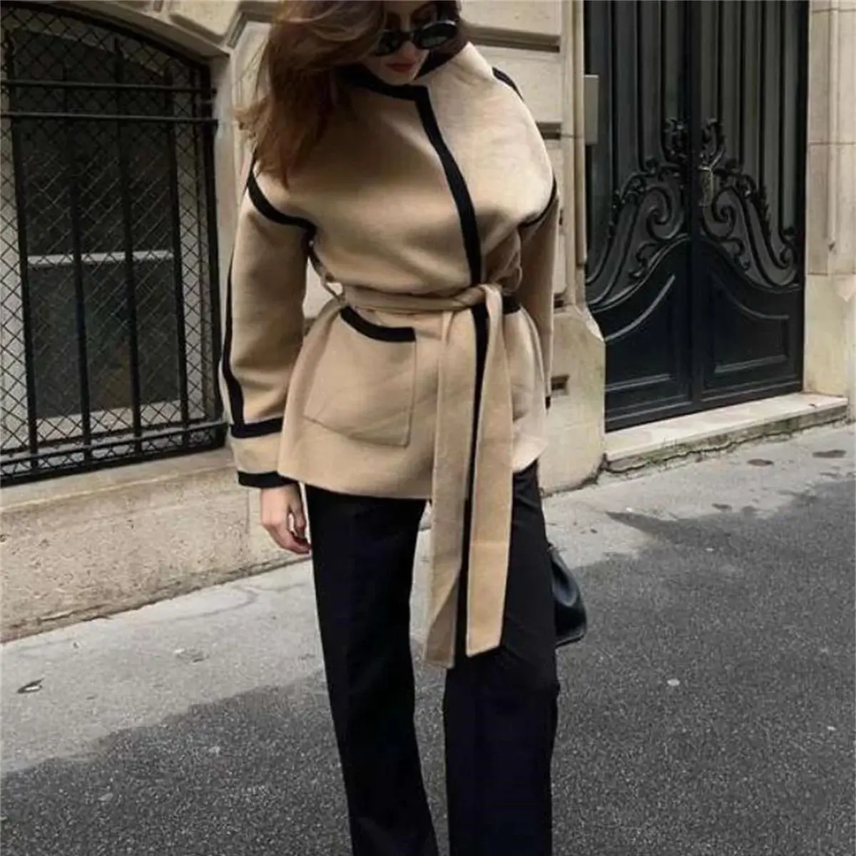 Women Fashion Spliced Contrast Coats Long Sleeve Belt Pocket Decorate 2024 Autumn Winter New In Jacket  Lady Mid-length Outwear