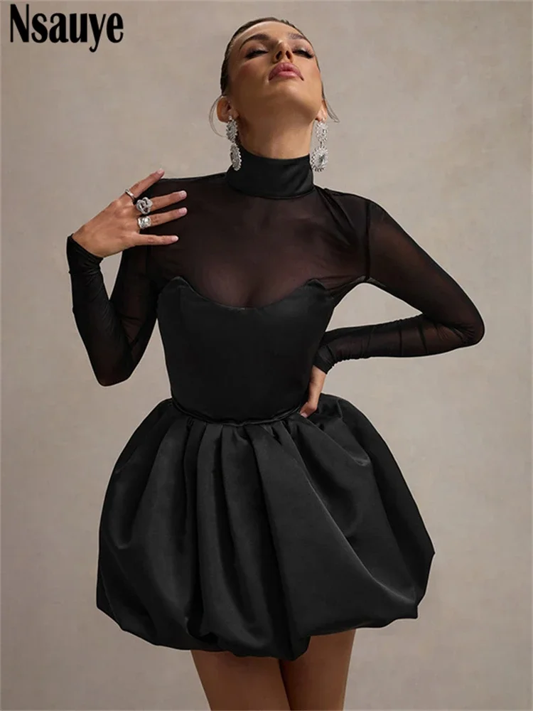 Nsauye 2024 Women Elegant Short Satin Chic Sexy Mini Evening Club Party Dress Bud Hem Fashion Mesh Long Sleeve Dress Turtleneck