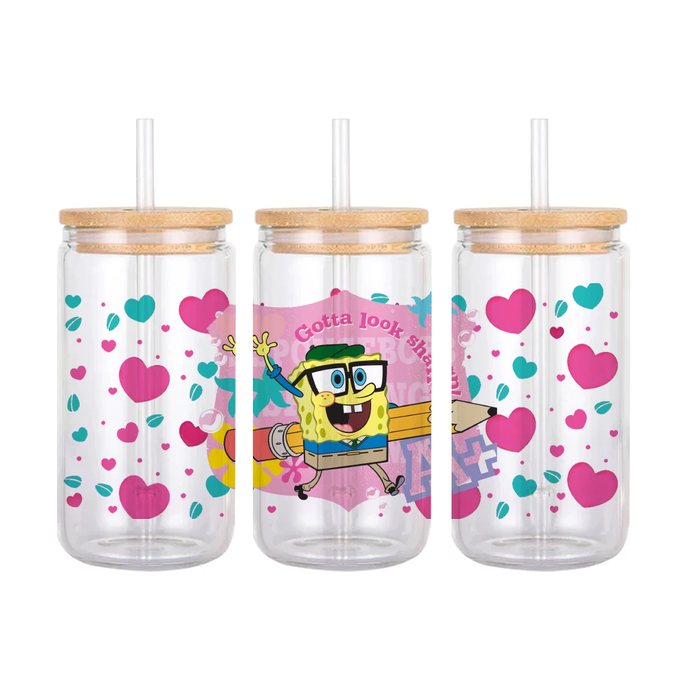 Cartoon Yellow SpongeBob Pattern UV DTF Transfer Sticker Waterproof Transfers Decals For 16oz Glass Cup Wrap Stickers