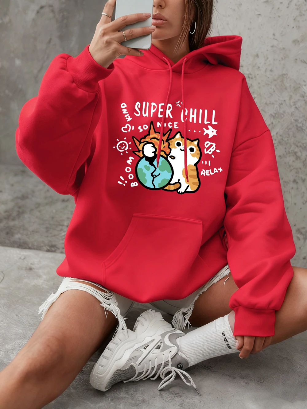

Толстовка с принтом Super Chill Relax Cat, женская базовая толстовка с круглым вырезом, повседневные свободные топы, зимняя флисовая теплая удобная одежда
