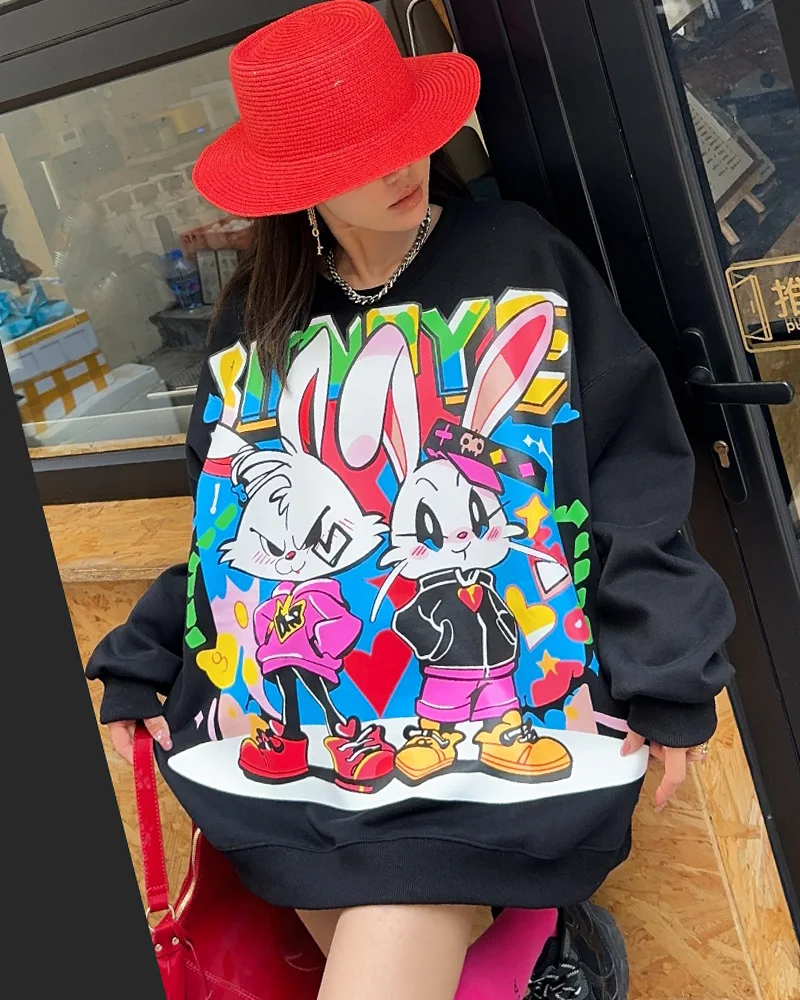 Casual Loose Graffiti Cartoon Printed Long Sleeve Hoodies Women 2024 Spring Autumn Mid-Length Round Neck Sweatshirts Female Top