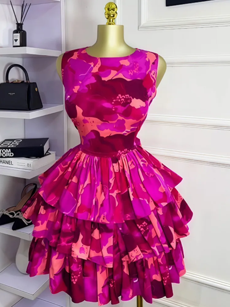 

SKMY Women Clothing 2025 Autumn New Sleeveless Short Dresses Fashion Printed Round Neck High Waist Pleated Cake Dress Party