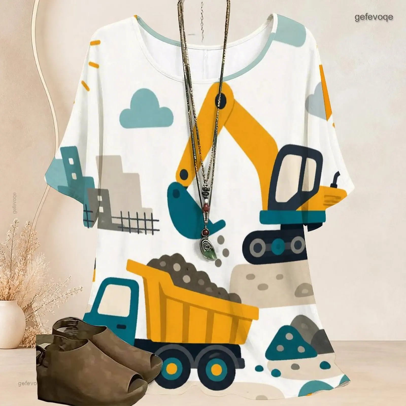 Women Cartoon Excavator Dump Truck Printed Round Neck Batwing Short Sleeve Loose Top