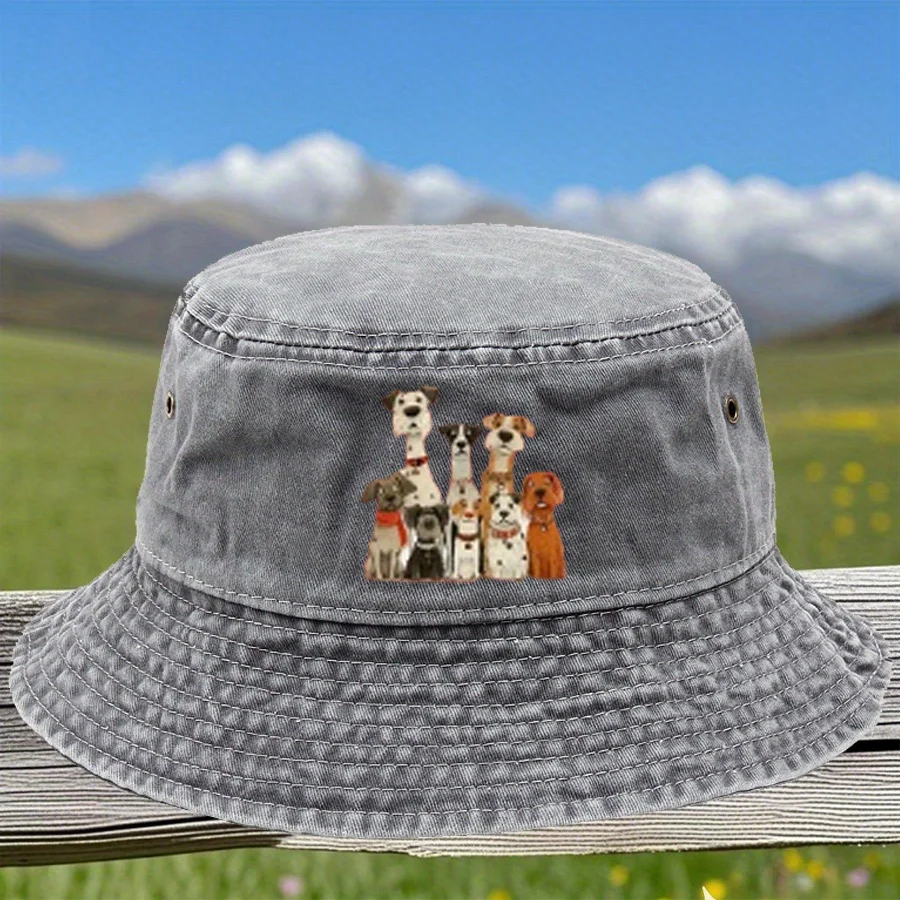 Dog Family Portrait Print Men's Fisherman Hat - 100%, Vintage Washed Look, Foldable, Multiple Colors Available - Stylish Outdoor