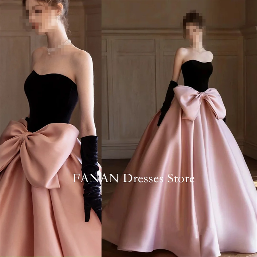 

FANAN Strapless Evening Party Dresses Satin Corset Korea Pink Sleeveless with Bow Wedding Women Formal Gowns Event Prom Gowns