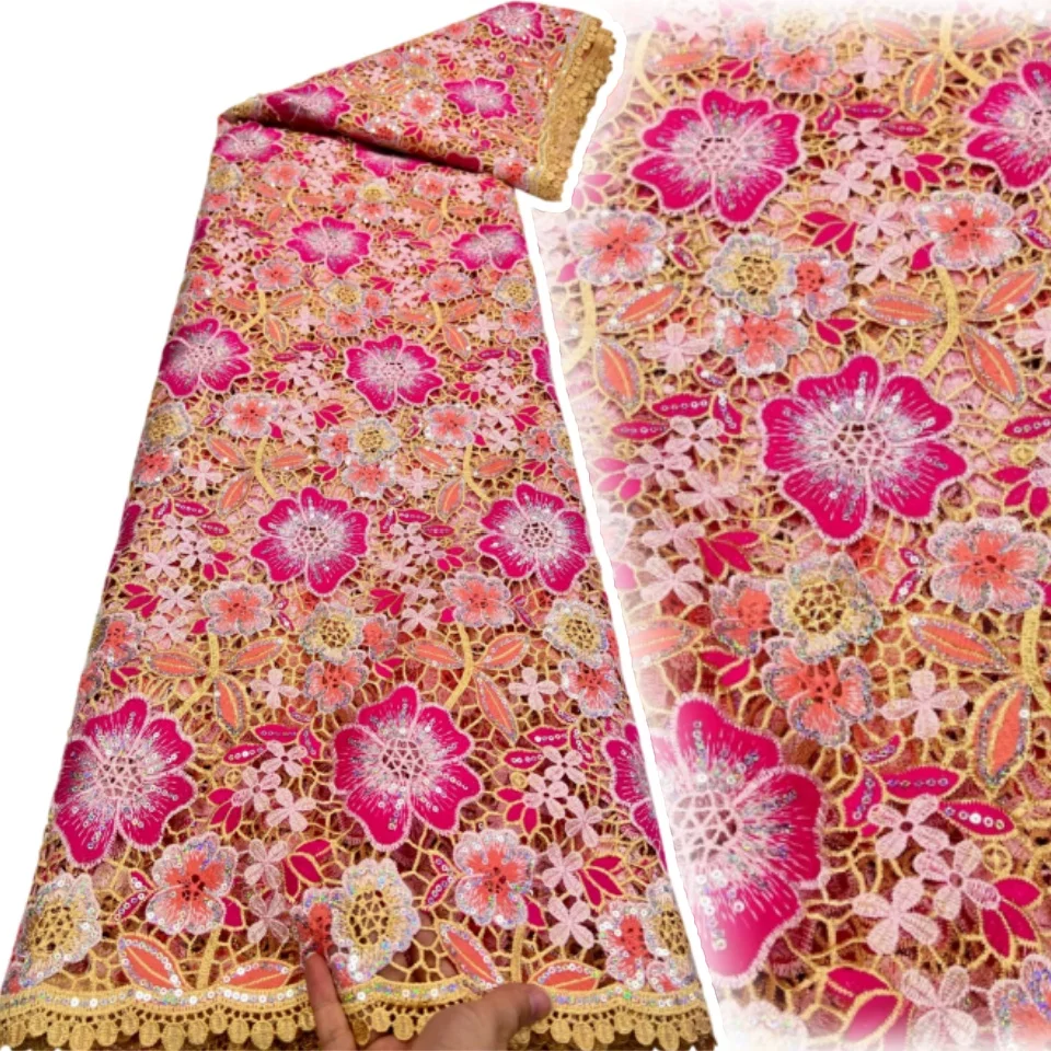 New African Guipure Fabric Embroidery Cord Lace with Flower Traditional Senegal Water Soluble Fashionable Sewing Material 3706