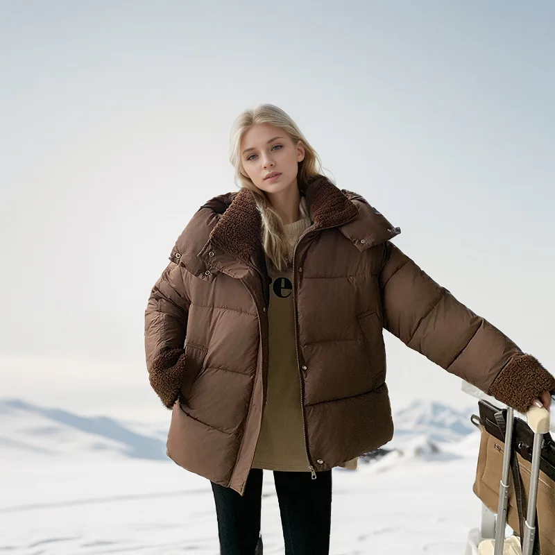 겨울 여성 파카 자켓 퓨어 컬러 지퍼 Lambswool 턴 다운 칼라 포켓 여성 코트 Minimalsit 여성용 캐주얼 코트