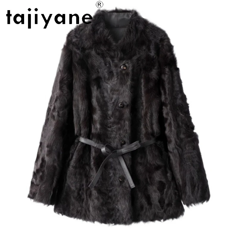 TAJIYANE 100 % Xiaohu Schaffell mit angebrachtem Wollmantel, braune Echtpelzjacke mit Gürtel, Damenbekleidung, Winter, neu in Mäntel