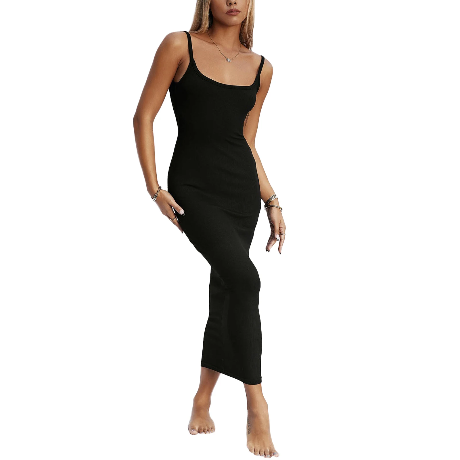 Women's Bodycon Long Dress Sexy Sleeveless Backless Square Neck Spaghetti Strap Party Dress