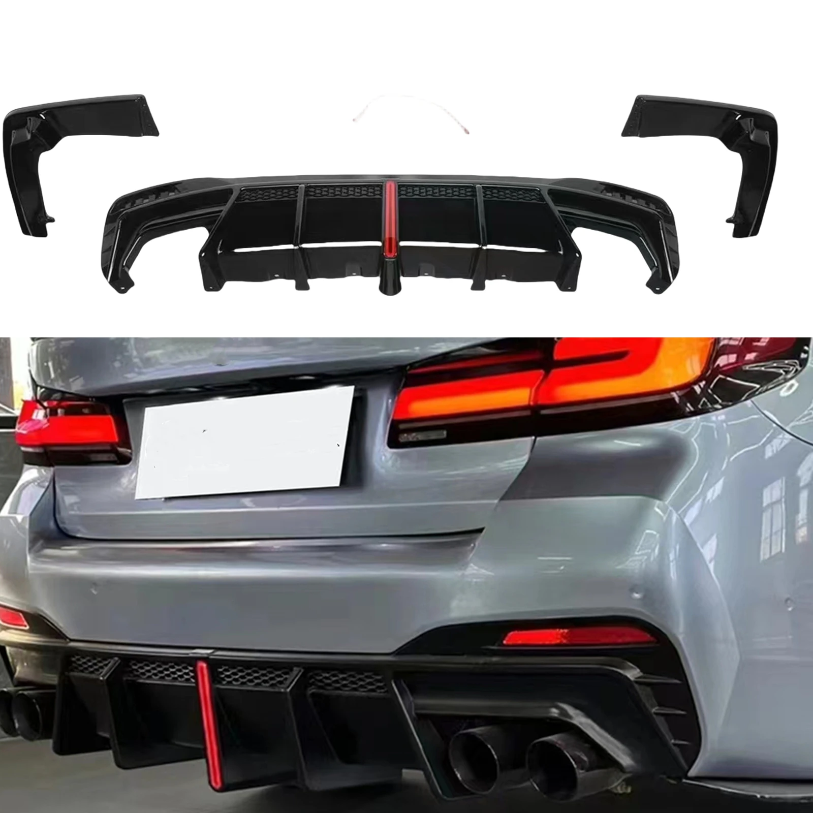 For BMW 5 Series G30 G31 G38 M550i 2017-2023 Rear Bumper Diffuser Lip Gloss Black Boot Lower Spoiler Protector Plate Bracket Kit