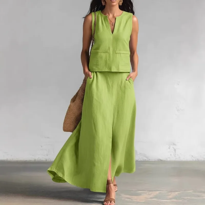 

2026 New Women Sleeveless Linen Two Piece Set Casual V Neck Top with Side Pockets Skirt Lightweight Summer Outfit