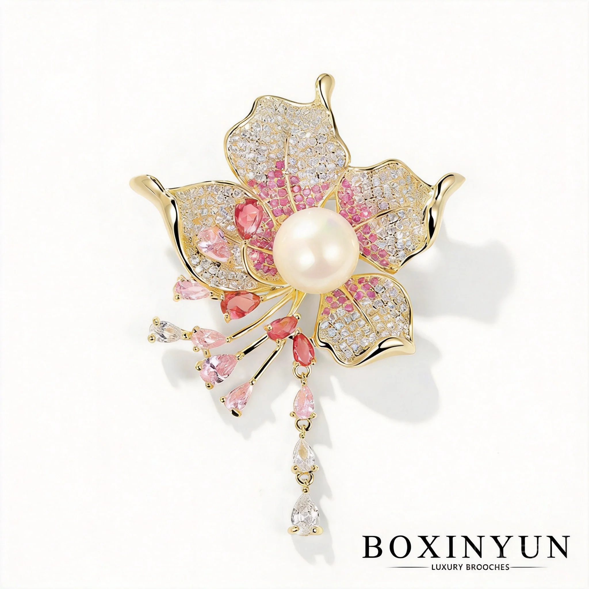 Chinese Style Auspicious Flower Brooch 18k Gold Plated Copper Micro Paved Zircon Tassel Pearl Brooch Pin For Women Wedding Party