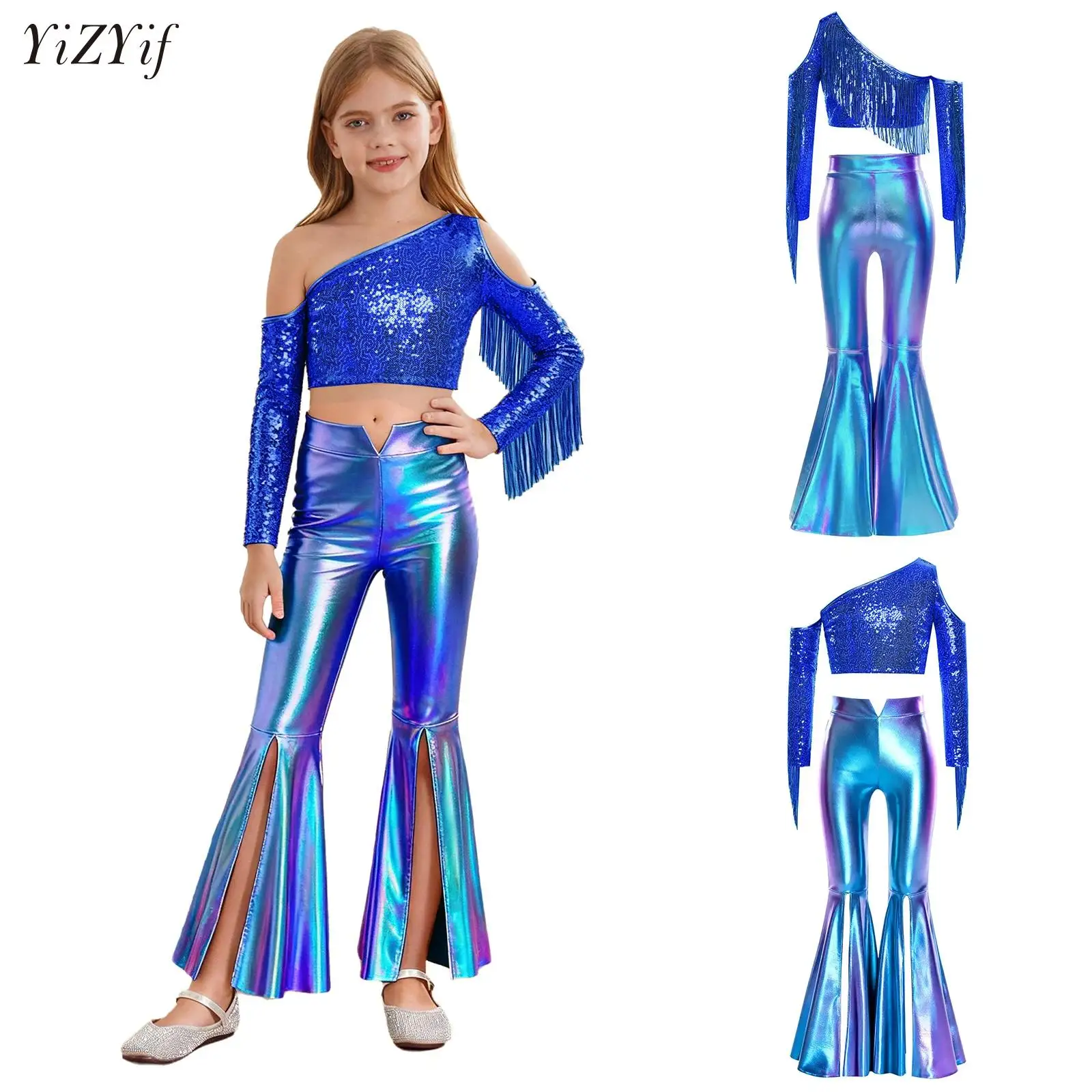 

Girls Hip Hop Performance Jazz Dance Costume Long Sleeve Tassels Sequins Crop Top Flared Pants Set for 70S Disco Vintage Hippie