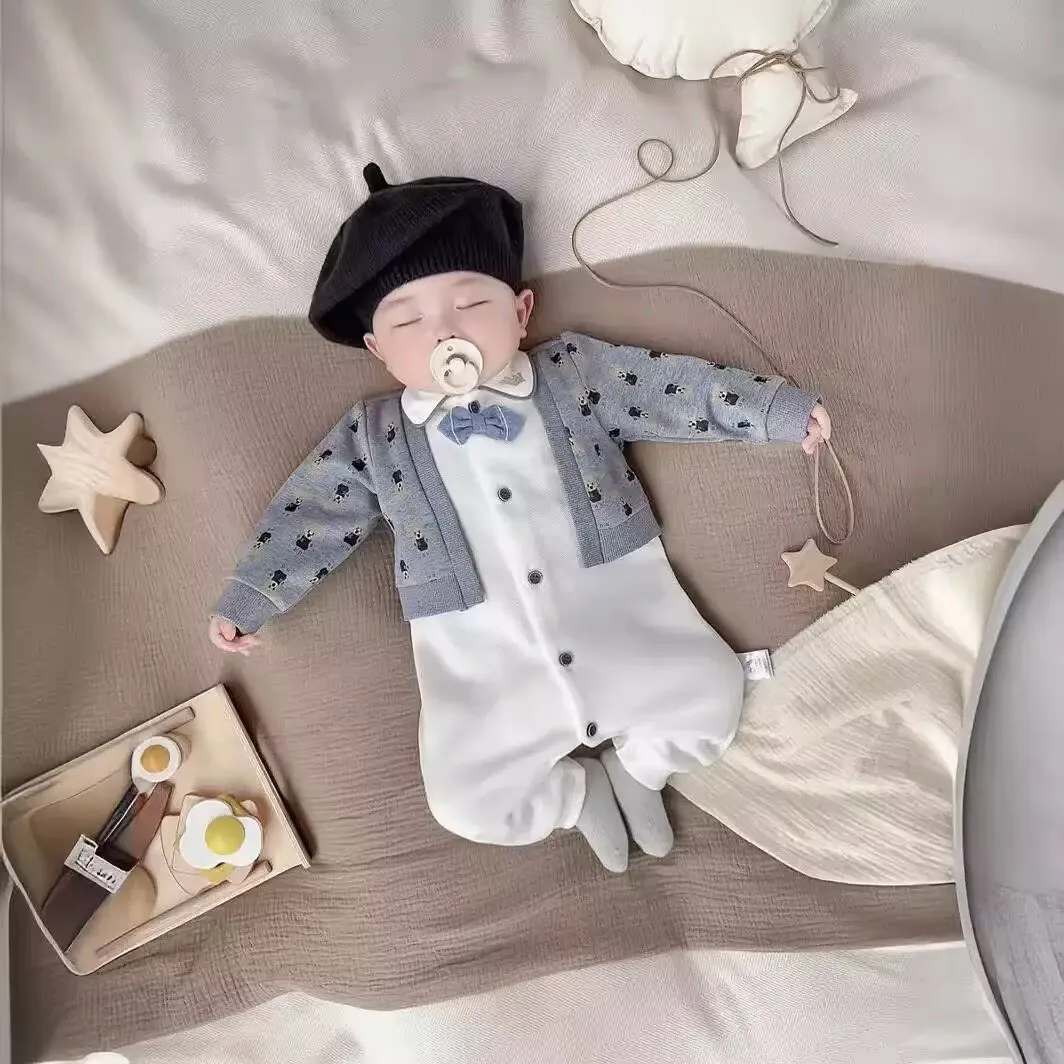 0-24M Cute Newborn Baby Romper British Gentlemen Style Infant Onesie Long Sleeve Jumpsuit Baby Boy Clothes for Spring Autumn