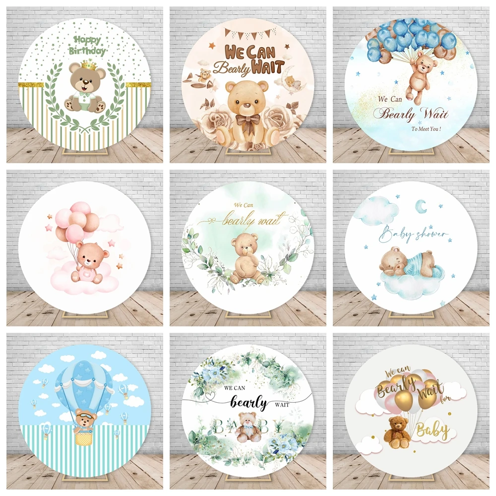 

Newborn Baby Shower Bear Round Backdrop Cover Hot Air Balloon We Can Bearly Wait Kids Birthday Circle Banner Photo Background