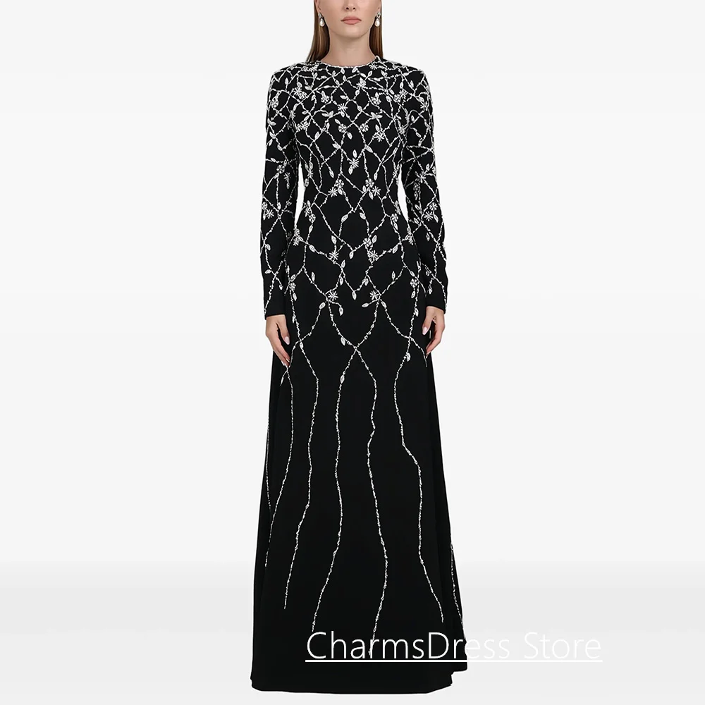 Luxuriöses arabisches Abendkleid, maßgeschneidert, Rundhalsausschnitt, volle Ärmel, schwere Perlenstickerei, Stein, A-Linie, formelles Abendkleid, Partykleider