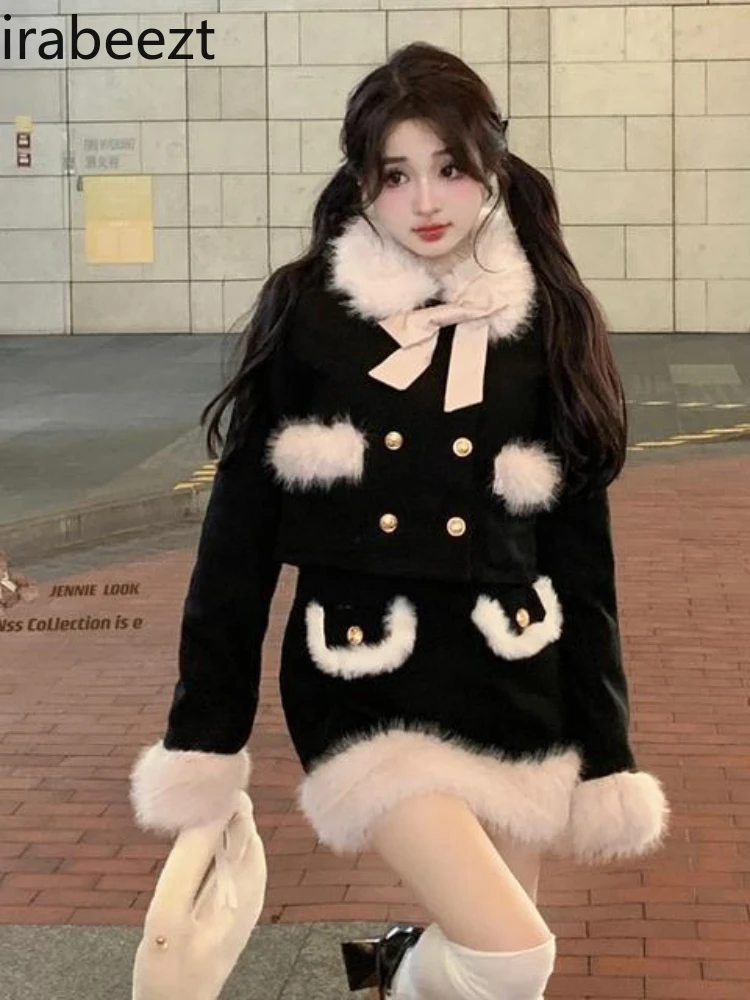 Wool Collar Clip Cotton Thickened Coat Women's Autumn and Winter Set Hip Skirt Two-piece Set Winter Костюм Женский С Юбкой