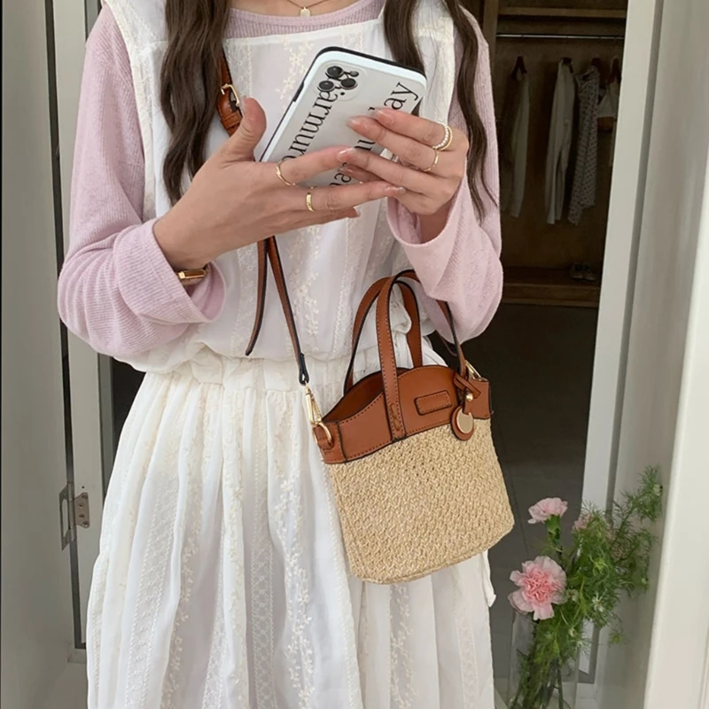 Woven Straw Crossbody Bucket Bag Top Handle Colorblock Spliced Handbag for Women 066F