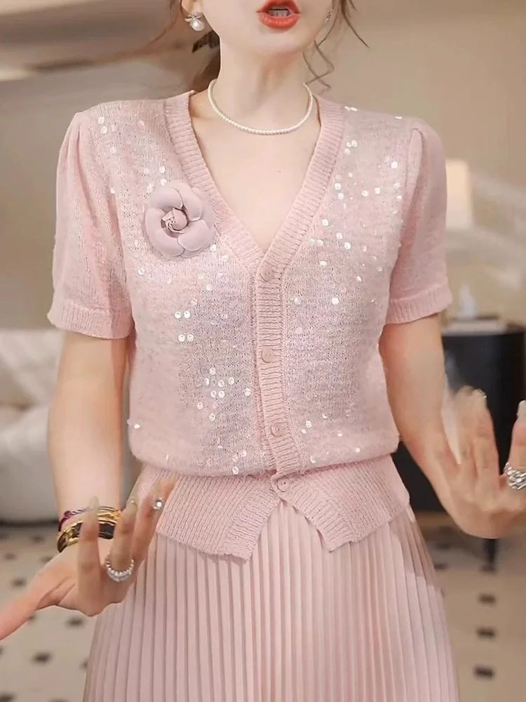 

Вязаный кардиган Sweet Sle Glitter с коротким рукавом, с богатой отделкой, от европейского люксового бренда, летний, на одной пуговице