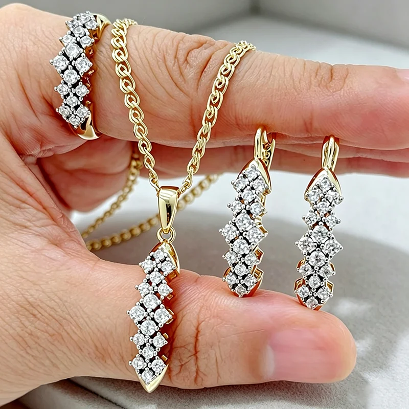 Kinel Hot Shiny Natürlicher Zirkon Ring Ohrringe Halskette für Damen, vergoldet, echtes 14K Gold, Silberfarben-Mix, Alltags-Vintage-Schmuckset