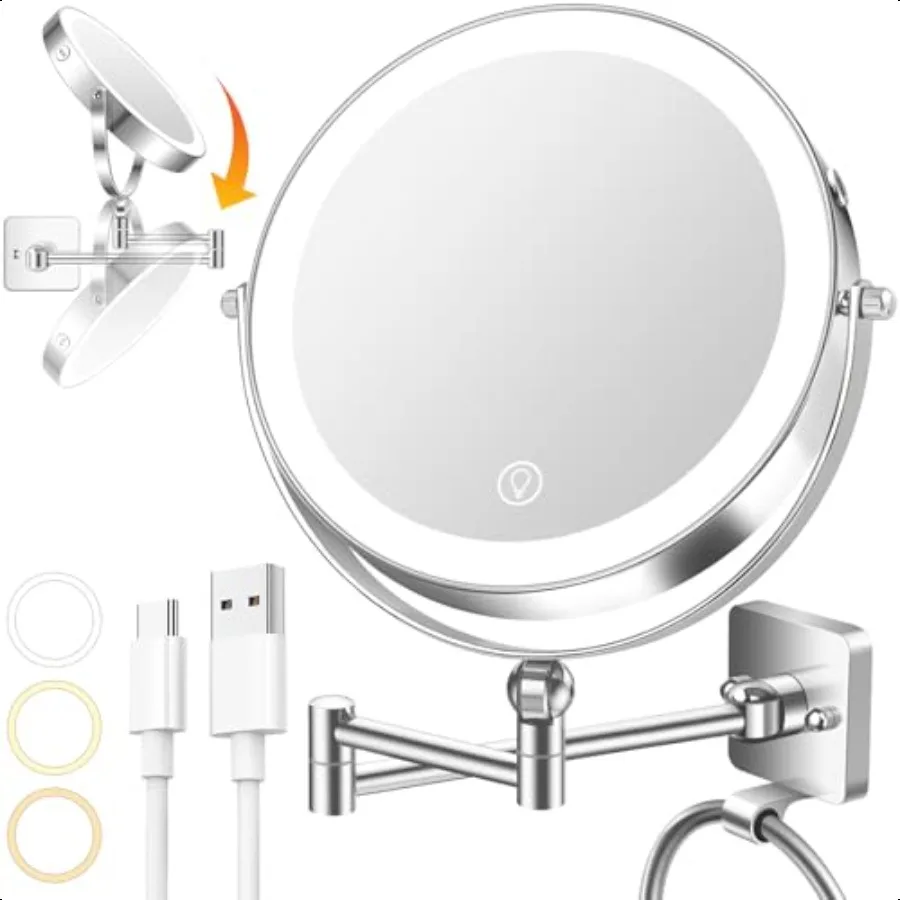 

10x Large Wall Mounted Makeup Mirrror Height Adjustable Lighted Mirror 8 Double Sided Mirror 1X 10X Magnifying Bathroom Mirror