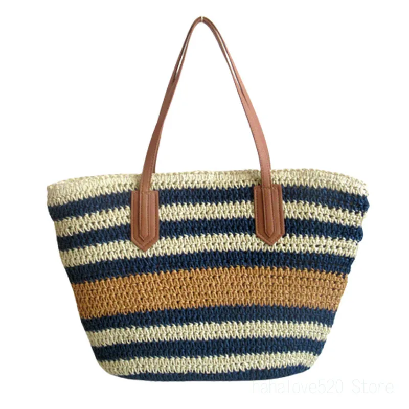 

Women's Summer Straw Woven PU Top-handle Handbag Fashion Classic Female Multi-colors Stripes Shoulder Bag