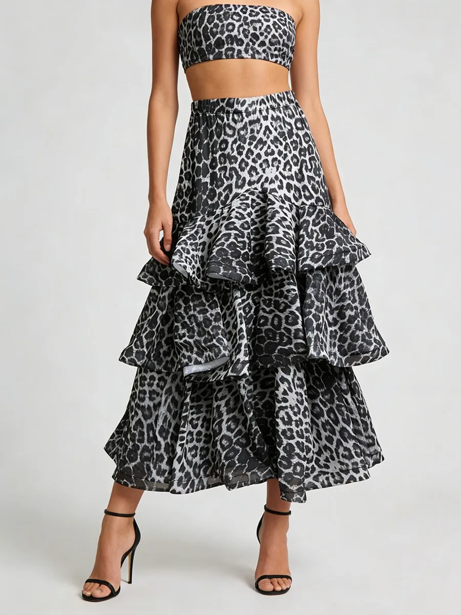 TWOTWINSTYLE ヒョウ柄スリムスプライスフリルファッションスカート女性のためのハイウエストデザインセンスロングスカート女性の秋の服