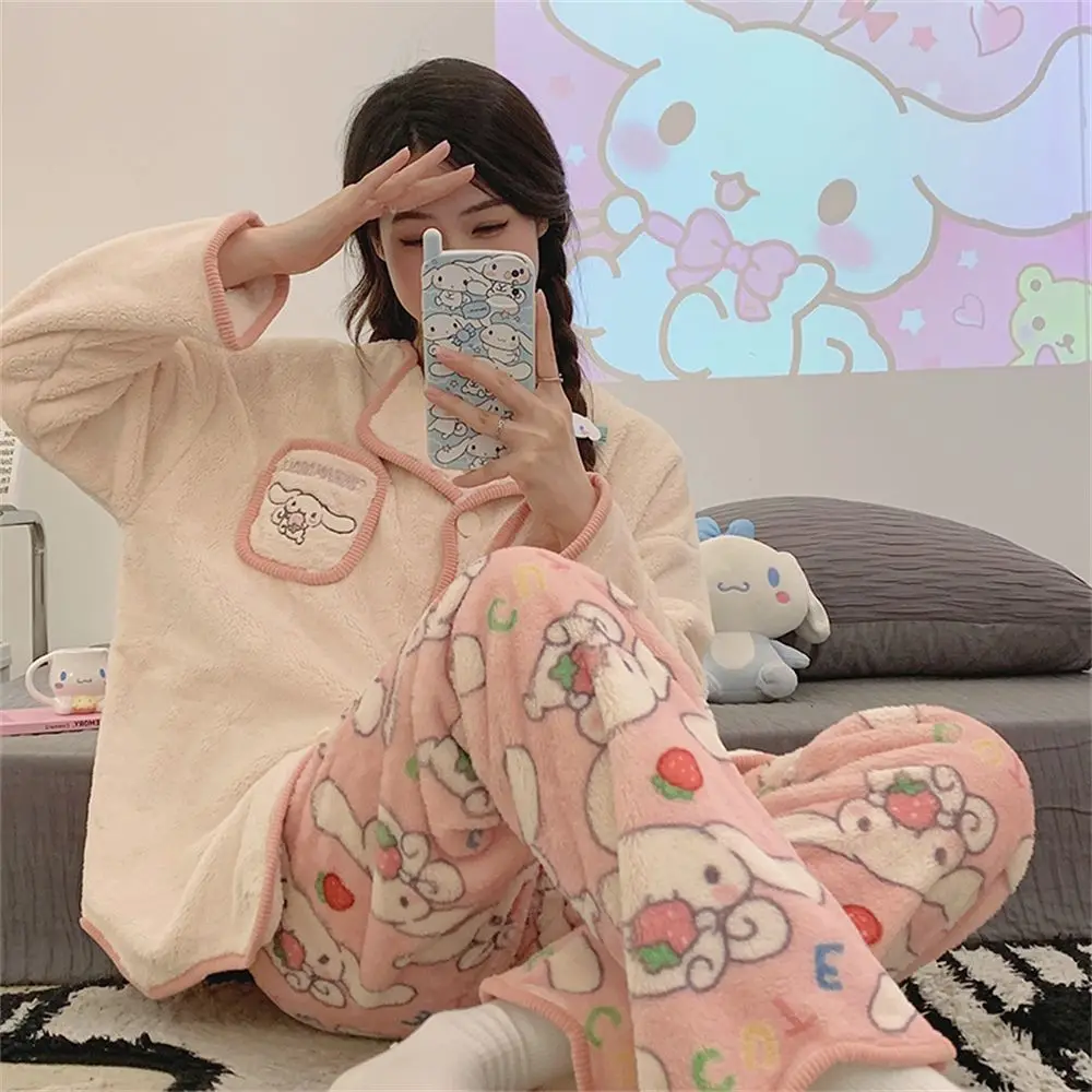 Anime Sanrios My Melody Woman Pajamas Flannel Kawaii Cinnamoroll Kuromi Fall Winter Cute Cartoon Home Clothes Set Woman Clothes