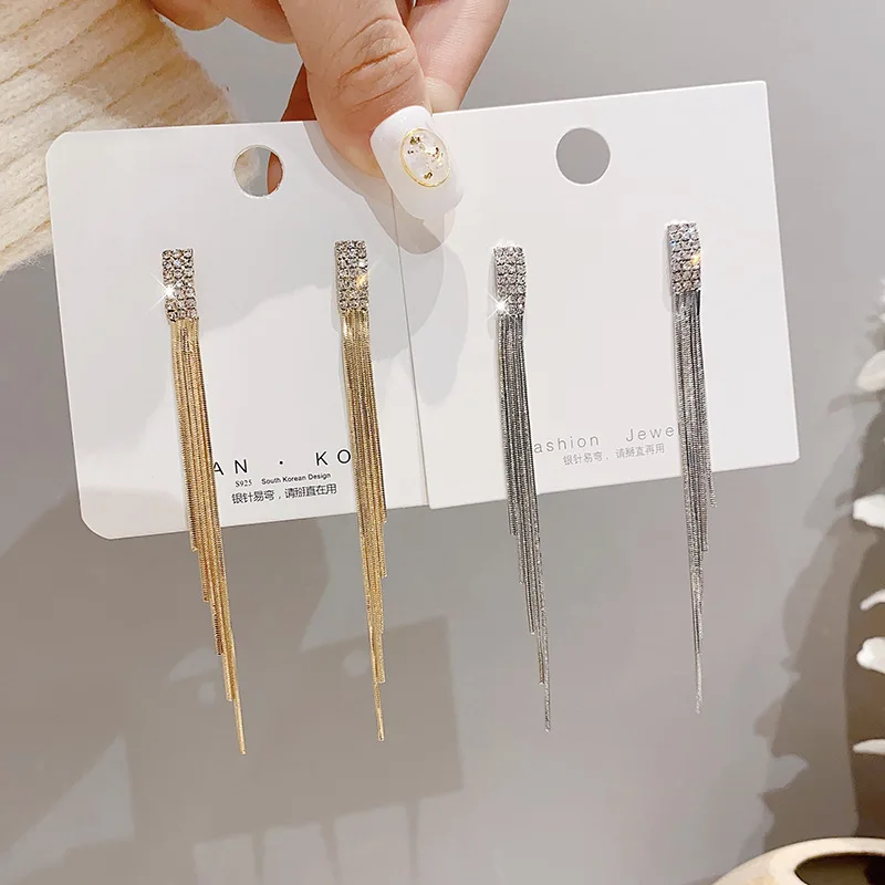 Long Tassel Shiny Full Rhinestone Drop Earrings for Women Fashion Crystal Statement Hanging Dangle Earring Party Jewelry Gifts