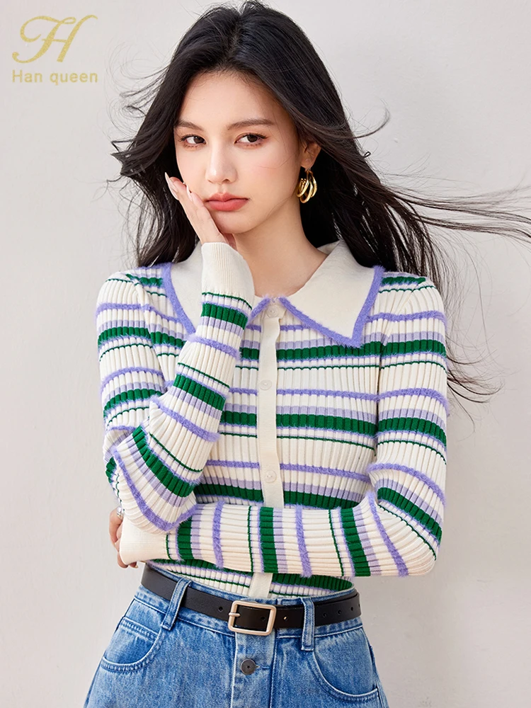 H Han Queen Autumn Winner Tops Colorblocked Stripe Korean Style Women\'s Clothing Vintage Casual Stretch Knitted Sweaters Women