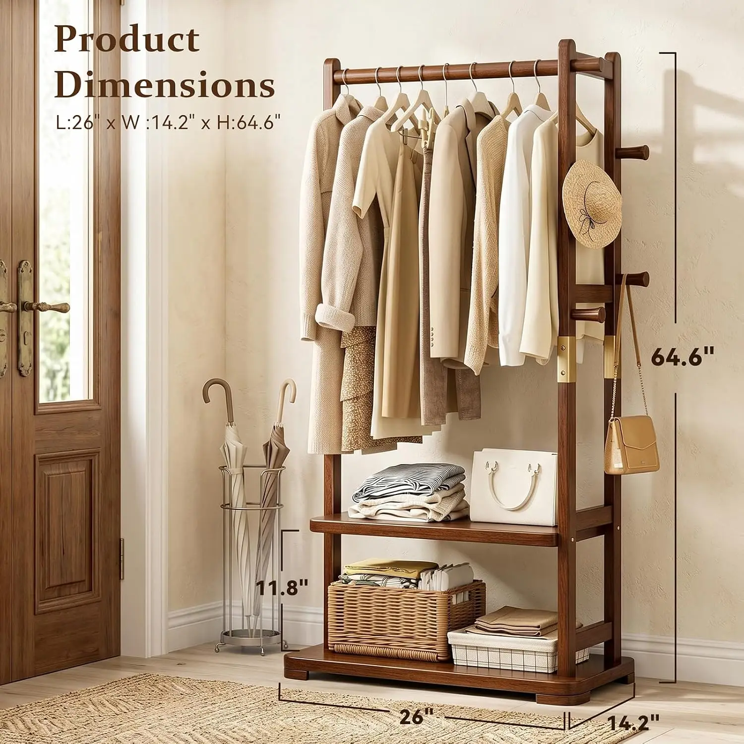 Coat Rack Solid Wood Clothes Rack with 2 Shelves & 5 Hooks for Hanging Clothes Garment Wallets Hats, Clothing Rack Heavy Duty Co