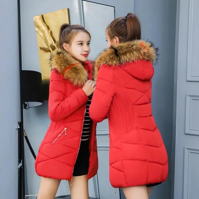 2024 Winter Women Parka Coats Long Cotton Casual Fur Hooded Jackets Thick Warm Slim-fit Jacket Female Overcoat Clothing