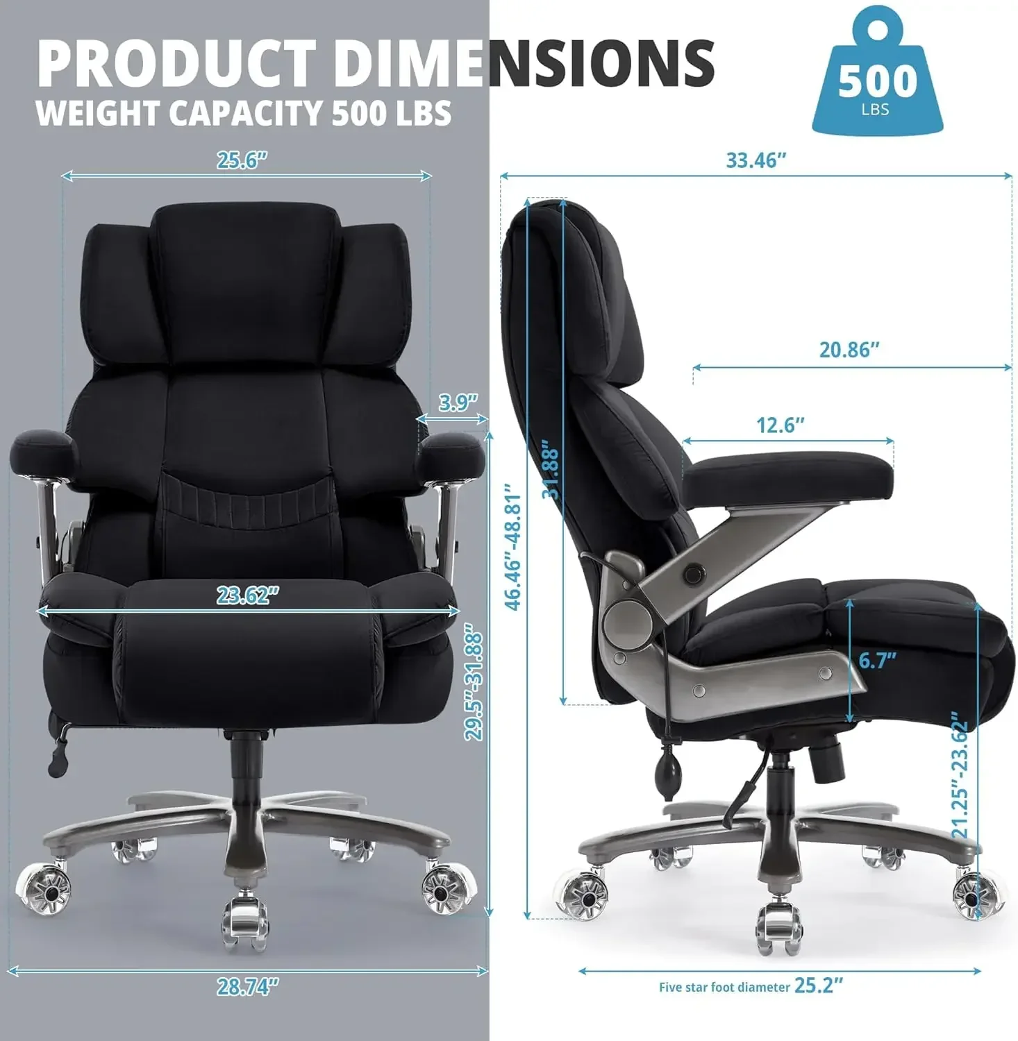 Office Chair 500lbs- Fabric High Back Executive Computer Chair with Adjustable Lumbar Support 3D Flip Arms Plus Rubber Wheels