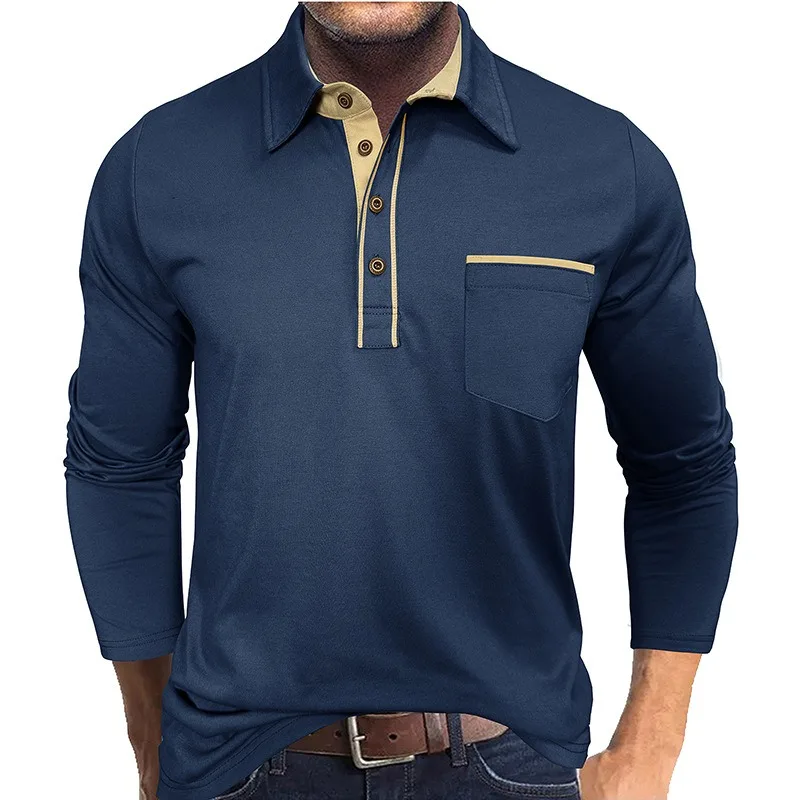 Cross-border men's lapel contrasting color pocket long-sleeved POLO shirt foreign trade men's casual button daily T-shirt simple