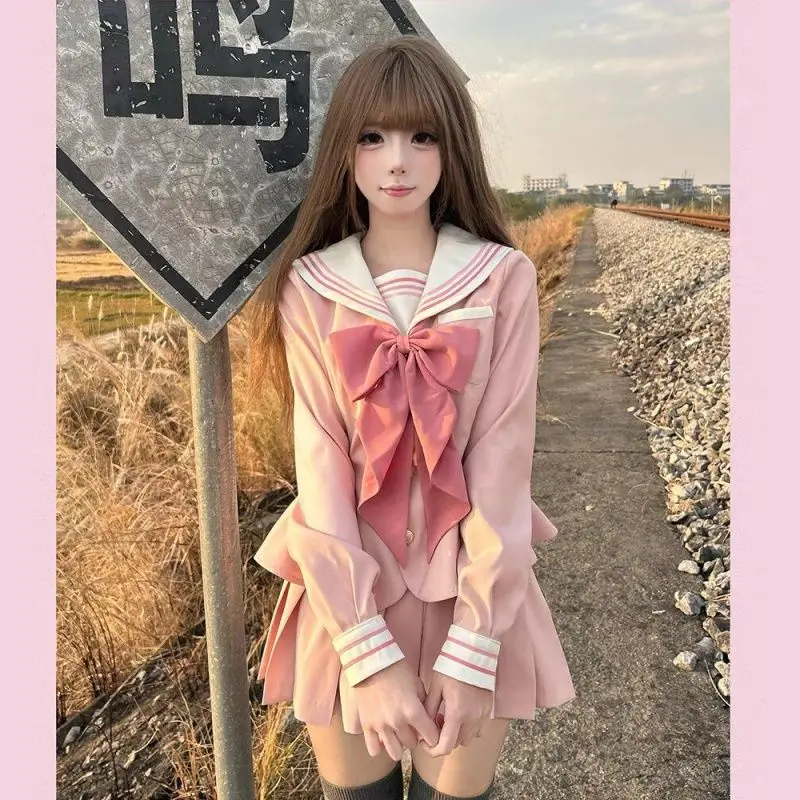 Sweet Patchwork Sailor Collar Bow Slim Fit Tops Women+ Y2k E-girls High Waist Pleated A-line Skirts 2025 New Two Piece Sets