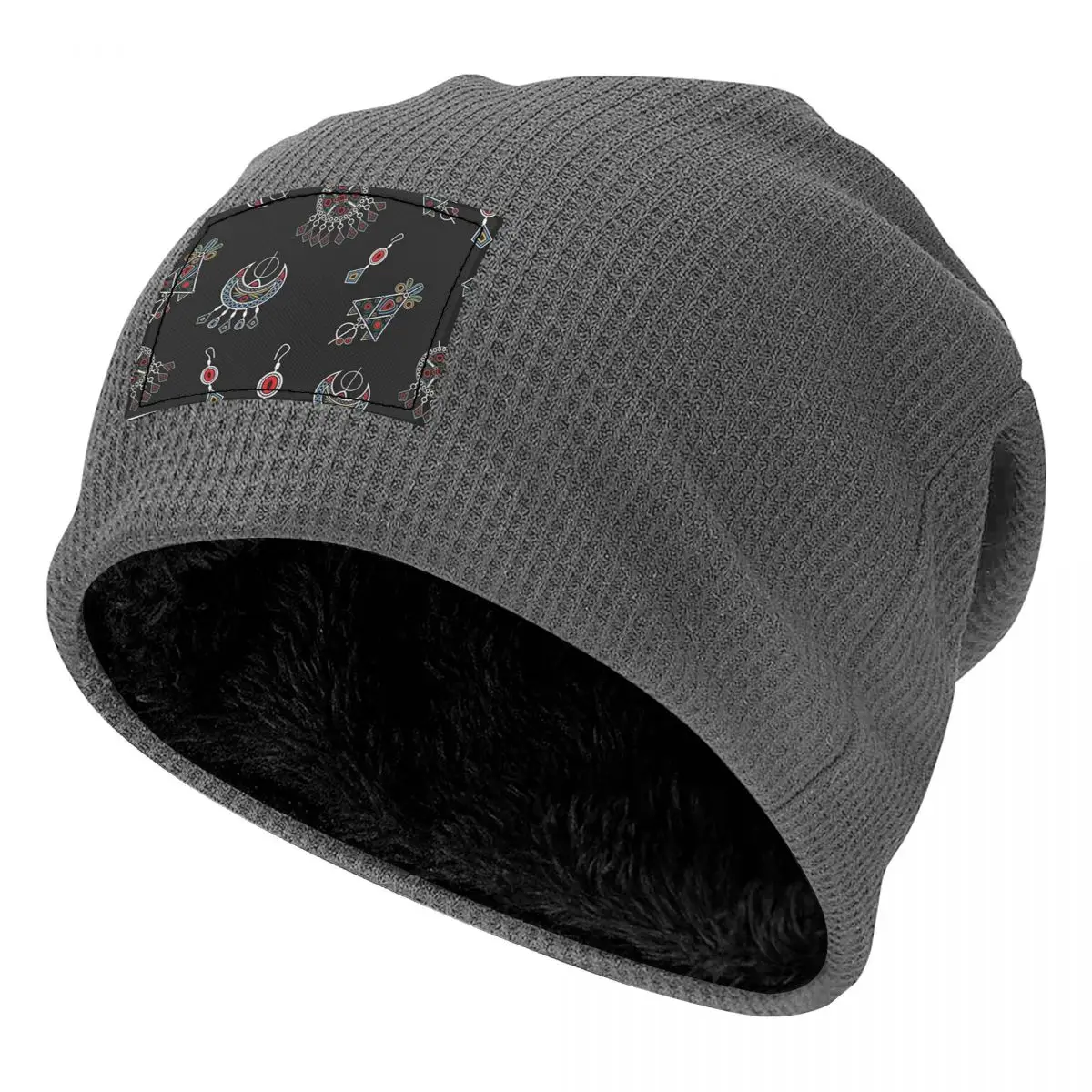 Kabyle Jewelry Amazigh Africa Ethnic Style Waffle Knit Fleece Lined Beanie with PU Leather Patch Unisex Warm Winter Soft Cap